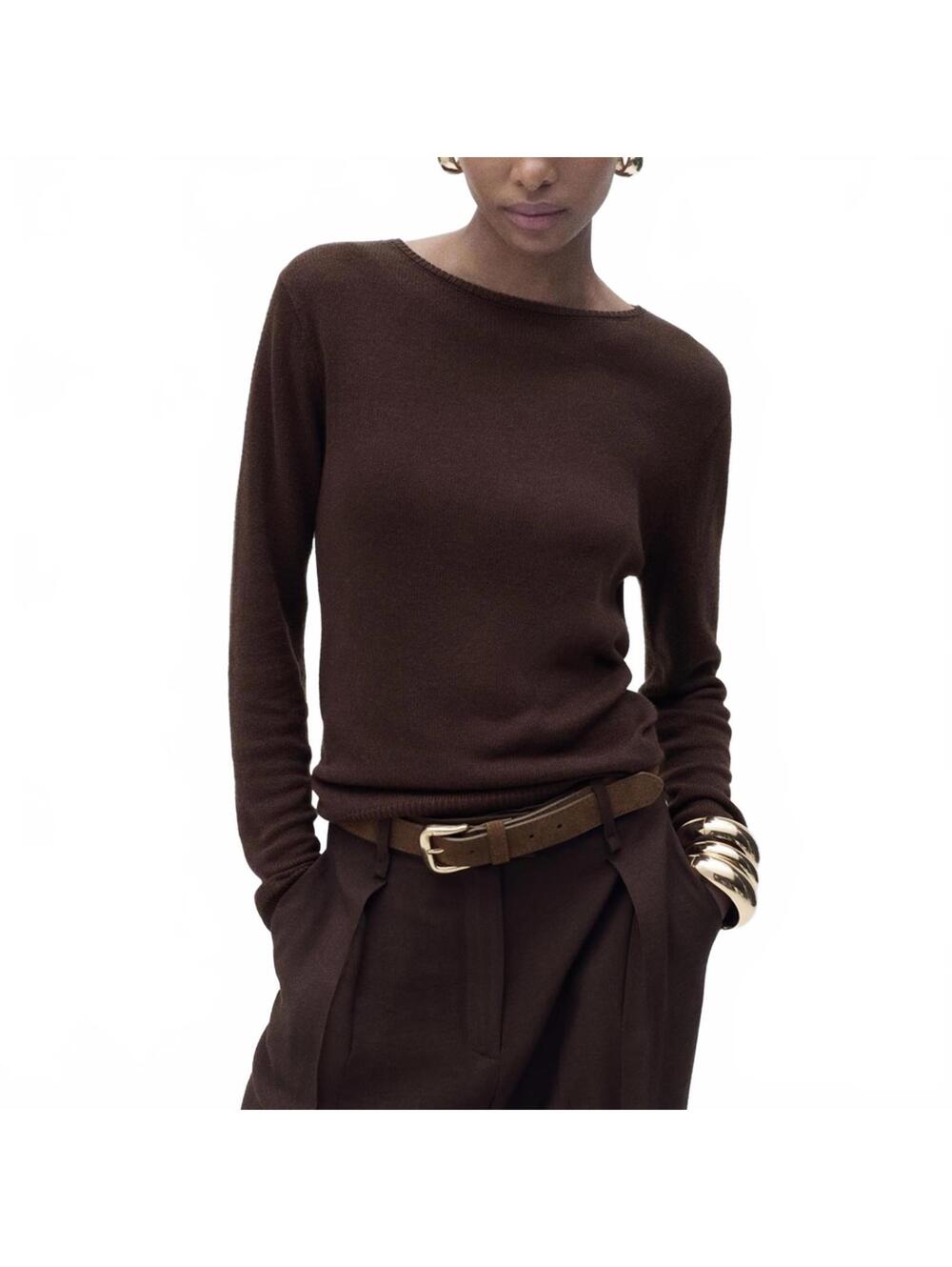 Mango Linen-Blend Boat-Neck Sweater NWT Rosa Chocolate Small - Picture 3 of 8